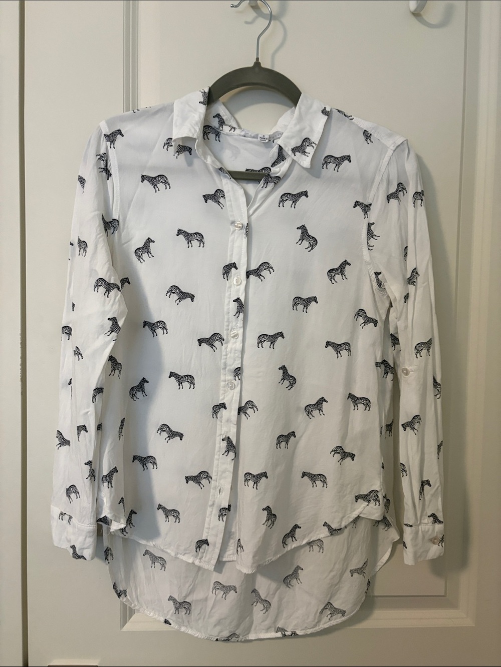 Jane and Delancey White Button-Up Blouse with Black Zebra Print